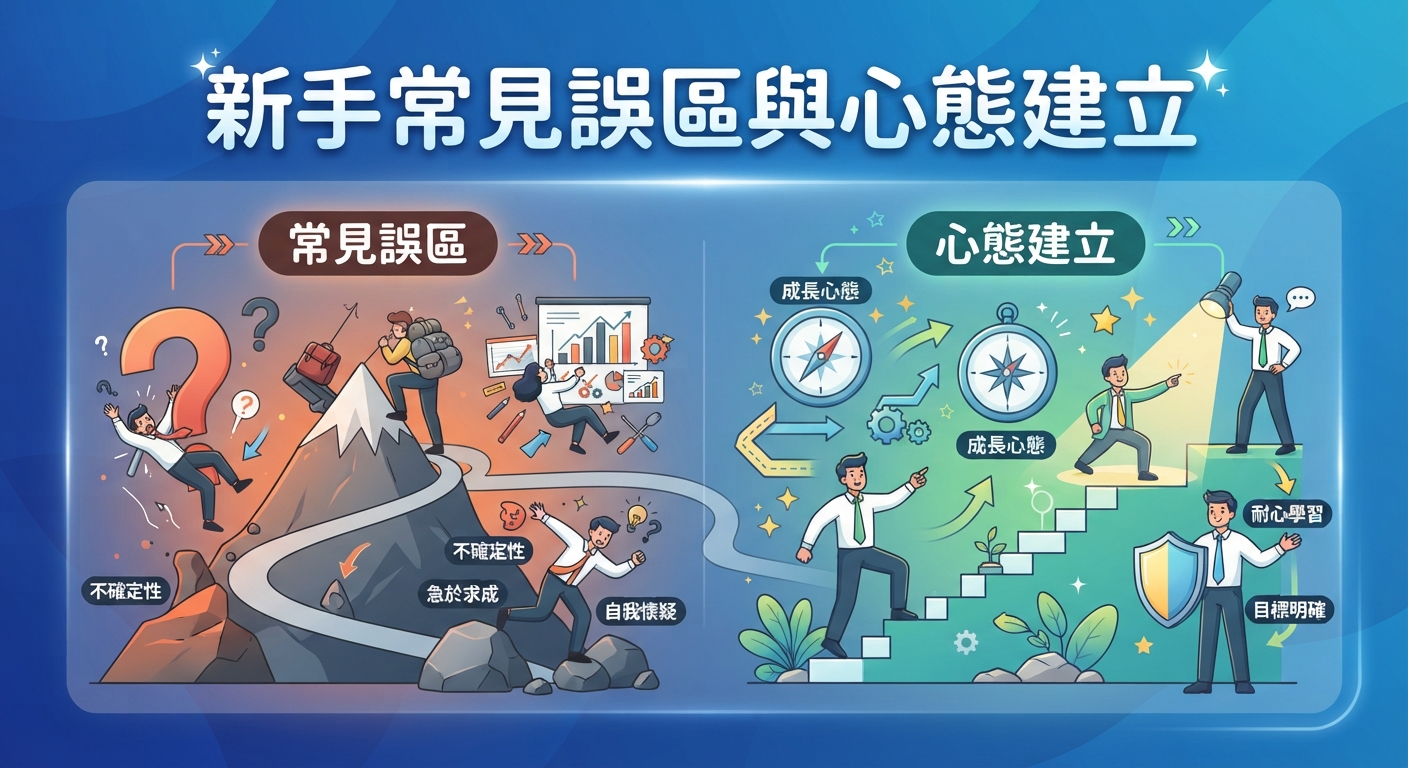 左圖對比了新手的常見誤區與混亂，右圖則展示了正確的心態建立與成長路徑。 上方醒目地顯示了主題標題：「新手常見誤區與心態建立」。